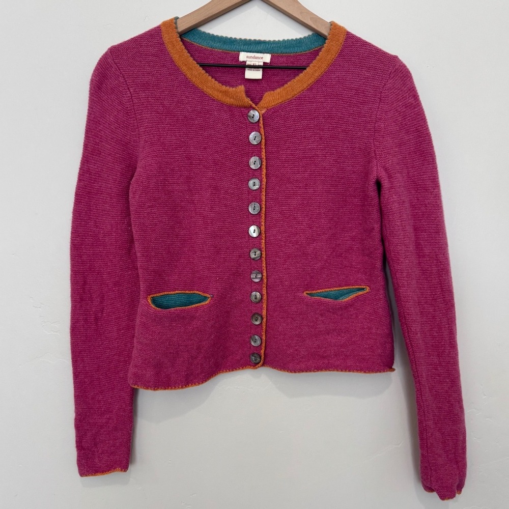 Sundance 100% Extrafine Merino Wool Pink Cardigan Sweater XS Mother of Pearl